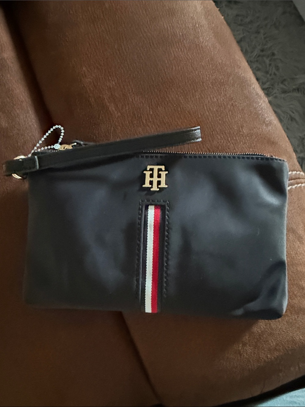 Tommy Hilfiger Black Nylon Pouch with Red-White-Blue Center Stripe - Picture 6 of 6